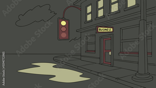 Gloomy nighttime cartoon illustration of a dark urban street with a yellow traffic light, a business building, and a reflective puddle.