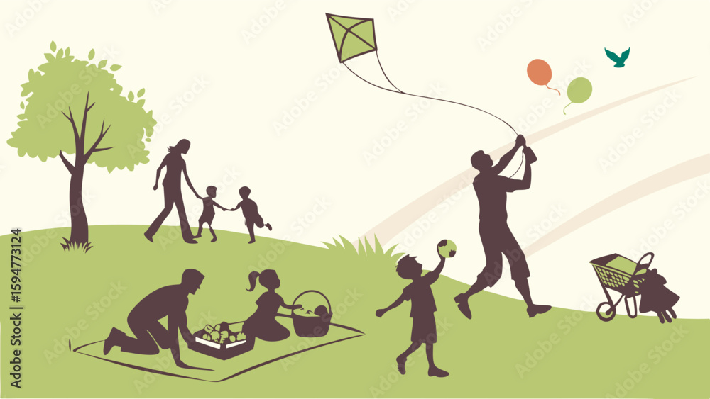 Happy families enjoy a sunny day in the park, picnicking, flying a kite, playing with kids, and walking with a baby stroller, all in a warm green silhouette vector illustration.