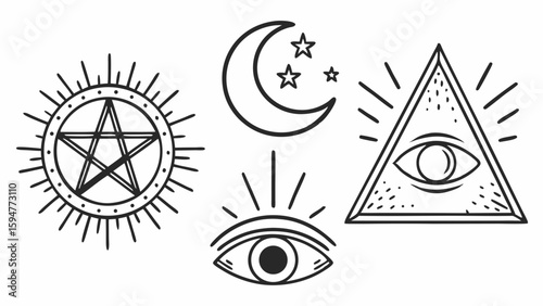 Esoteric Occult Mystical Symbols Vector Art Collection Pentagram Moon Stars All-Seeing Eye Eye of Providence Black and White Line Drawing