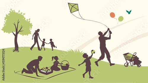 Happy families enjoy a sunny day in the park, picnicking, flying a kite, playing with kids, and walking with a baby stroller, all in a warm green silhouette vector illustration.