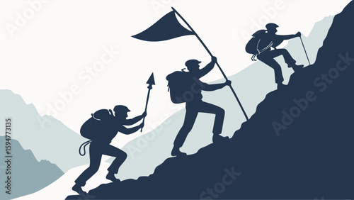 Monochrome silhouette illustration showing three hikers climbing a steep mountain, one leading with a flag, symbolizing progress, leadership, and goal achievement.
