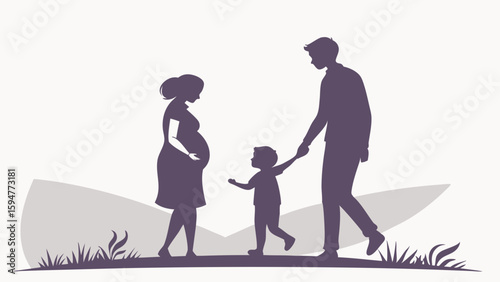 Family silhouette with pregnant mother, father, and young son walking outdoors. Expecting a second child, happy parenthood vector illustration.
