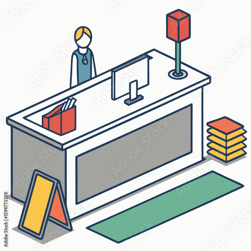 Reception desk with attendant and signage computer stacks of paper