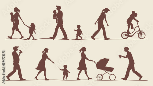 Brown silhouette collection of families walking, parents with babies, toddlers, and children cycling. Everyday life, parenting, and childhood vector art.