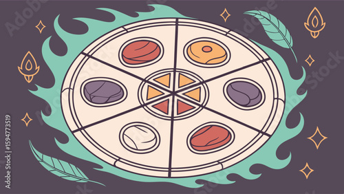 Mystical Segmented Ritual Wheel with Colorful Elemental Stones, Green Flames, and Feathers. Flat Design Fantasy Magic Vector Illustration for Spiritual Alchemy.