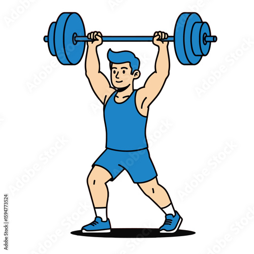 Cartoon depiction of a weightlifter holding a barbell overhead, Illustration of a strong man lifting weights in a stylized, minimalist design