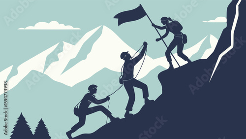 Dynamic silhouette illustration of a three-person team climbing a snowy mountain, showcasing leadership, teamwork, and success with a flag at the summit.