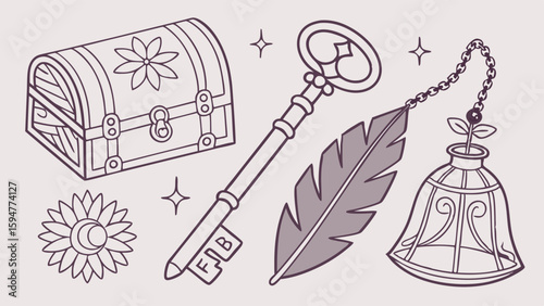 Whimsical Fantasy Magic Items Line Art Collection, Enchanted Treasure Chest, Ornate Key, Feather, Bell Jar, Moon Flower Outline Vector Illustration