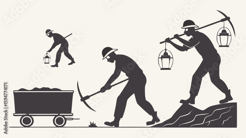 Monochrome vintage silhouette illustration of three coal miners with pickaxes, lanterns, and a mine cart, depicting hard labor and industrial work.