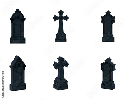 Collection of detailed gothic tombstones and crosses in dark cartoon style, ideal for Halloween, spooky games, or graveyard scenes.