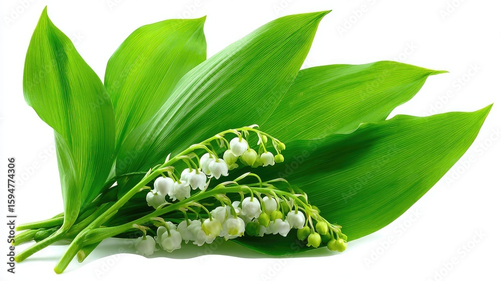 Obraz premium Close-up of lily of the valley flowers and leaves.