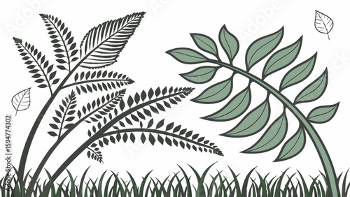 Two distinct green vector plants swaying in the wind, featuring detailed fern fronds and a leafy branch, with scattered leaves and grass on a white background.