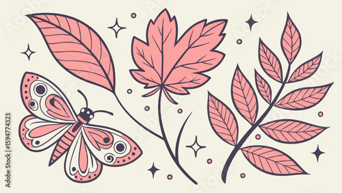 Whimsical Pastel Pink Nature Illustration Set Featuring a Delicate Moth, Maple Leaf, and Botanical Foliage. Hand-Drawn Autumn Elements for Aesthetic Design.