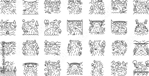 vector set of River icon set in thin line style
