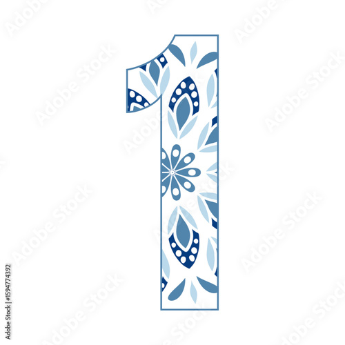 Letters 0-9 in a blue leaf pattern, bright and cheerful, indicating the start of a new day. Illustration.