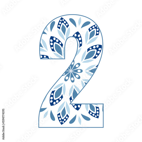 Letters 0-9 in a blue leaf pattern, bright and cheerful, indicating the start of a new day. Illustration.