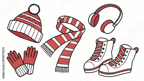 Cozy red and white winter clothing accessories outline drawing. Striped knit hat, scarf, gloves, earmuffs, and boots for cold weather fashion. Isolated on white.