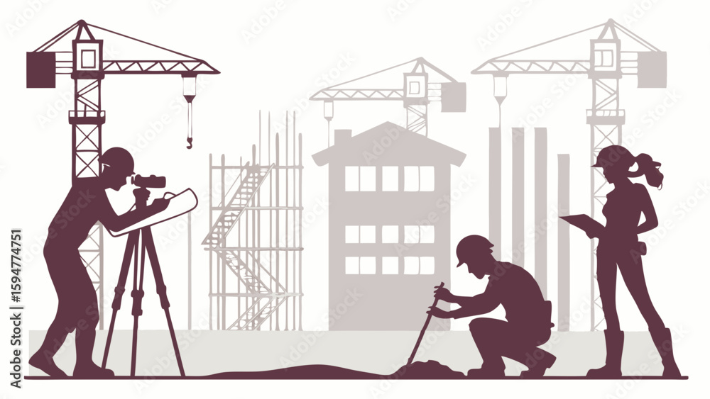 Fototapeta premium Construction and engineering professionals silhouettes on a building site. Surveyor, worker, architect planning urban development with cranes. Vector illustration.