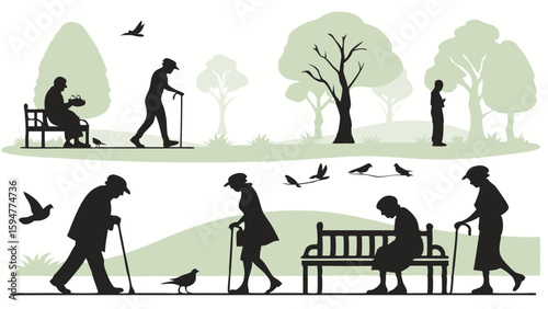 Silhouettes of elderly people enjoying leisure activities in a green park. Vector illustration of seniors walking with canes, sitting on benches, and relaxing outdoors.
