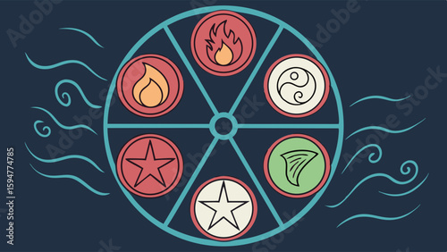 Flat design elemental symbols wheel illustration featuring fire, air, yin yang, and cosmic stars. Vector art representing nature, balance, and spiritual energy concepts.