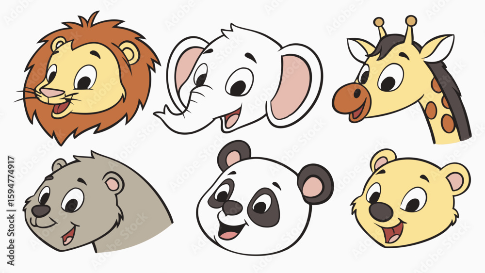 Obraz premium Six cute cartoon animal faces collection. Happy lion, elephant, giraffe, panda, bear, and beaver heads. Friendly vector illustration for children's designs, isolated on white.