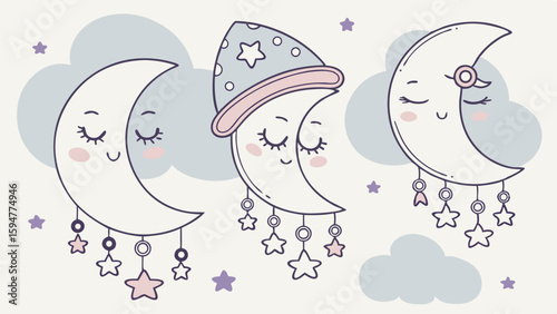 Dreamy Sleeping Crescent Moons with Stars and Clouds Pastel Nursery Art Collection Whimsical Baby Bedtime Illustration for Children's Room Decor