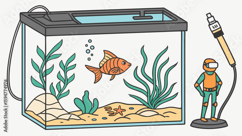 Vibrant cartoon illustration of a clear glass aquarium with an orange fish, green plants, and sand, next to a VR headset diver holding a control device.