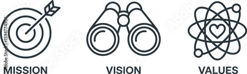 Business Outline Icons of Mission, Vision, Values with a Target, Binoculars, Heart