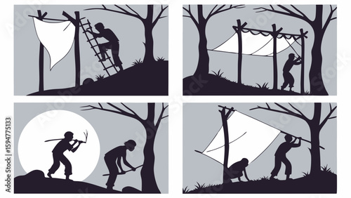 Detailed silhouette illustration of people building a wilderness survival tarp shelter. Step-by-step outdoor camp construction guide for bushcraft skills.
