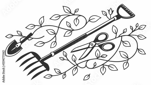 Black and white line art illustration featuring essential gardening tools a hand trowel garden fork and pruning shears with decorative leafy vines and foliage