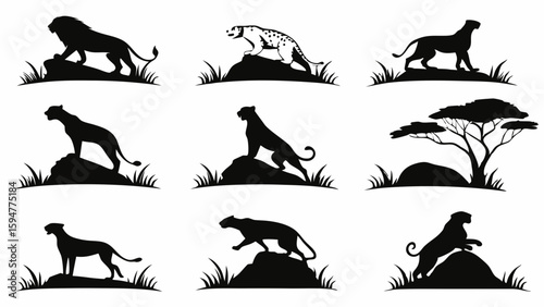 Majestic African Safari Big Cat Silhouettes Collection Vector Graphics. Lion, Cheetah, Leopard, Panther Icons Standing on Rocks with Grass and Savanna Tree.