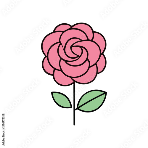 Beautiful Pink Rose Flower Illustration with Green Leaves – Simple Minimalist Floral Vector Design