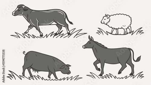 Black and white cartoon vector illustration of farm animals including a walking cow, a grazing pig, a standing sheep, and a walking donkey in stylized grass.