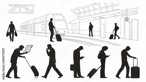 Black and white vector illustration of passenger silhouettes at a train station platform with a train. Travelers with luggage, some on phones, waiting for their journey.