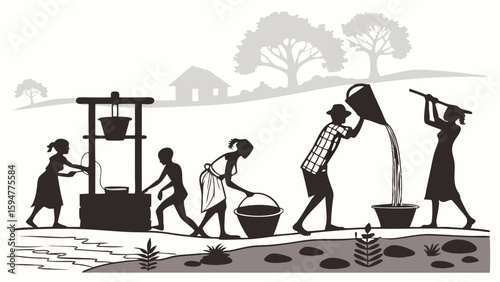 Black and white silhouette illustration of a rural community, including children, fetching water from a well and river for daily life in a village.