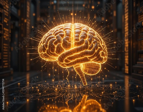 Digital Human Brain with Glowing Neural Network and Circuitry.