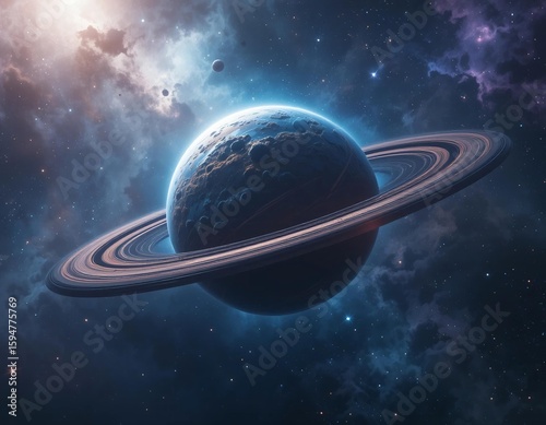Majestic Ringed Planet in Cosmic Nebula with Distant Moons and Stars