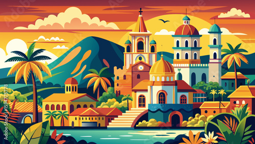 Cebu City, Philippines – Colonial churches and tropical beaches define this coastal urban beauty, blending history and ocean hues in a vibrant, sun-soaked vector illustration.