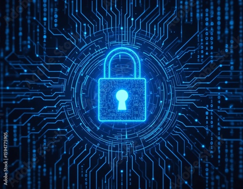 Abstract Digital Security Concept with Glowing Blue Padlock on Circuit Board Background