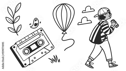 Hand-drawn vector illustration of a cartoon boy DJ with headphones, a doodle art symbol