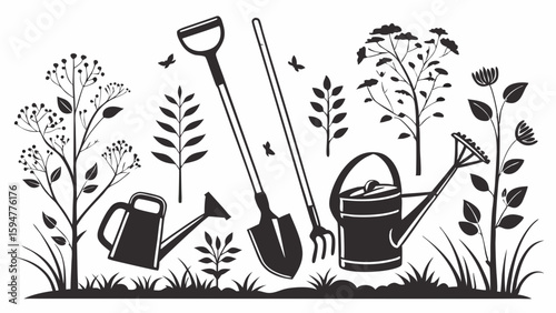 Black and white silhouette vector illustration of gardening tools and plants. Shovel, fork, watering cans, flowers, and butterflies for spring garden projects.