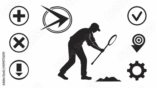 Black silhouette of a man investigating with a magnifying glass on the ground, surrounded by essential UI icons including add, remove, confirm, next, location, and settings.