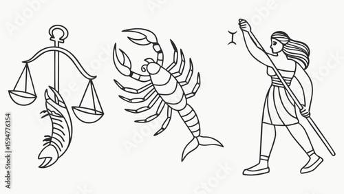Elegant black and white line art illustration featuring three distinct astrological zodiac signs Libra with scales, a powerful Scorpio, and Gemini depicted as a woman with a staff.