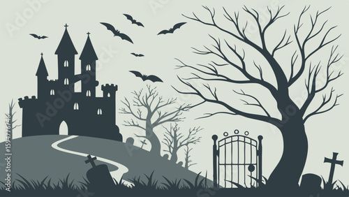 Halloween Spooky Haunted Castle Silhouette Flying Bats Bare Trees Graveyard Winding Path Gothic Vector Illustration Cemetery Gate Background