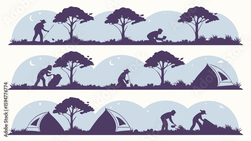 Camping adventure silhouettes at night. People setting up tents, gathering wood under moonlit trees. Outdoor recreation vector illustration.