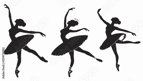 Elegant Black Ballerina Silhouettes Trio Graceful Ballet Dancers in Tutus and Pointe Shoes Artistic Vector Illustration for Dance and Performance Themes