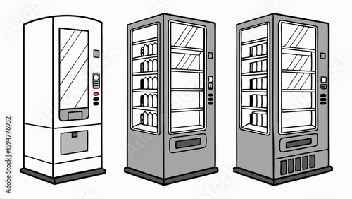 Grayscale line art illustration of three diverse vending machines, featuring classic and modern designs with visible drink cans, perfect for retail and automatic sales.