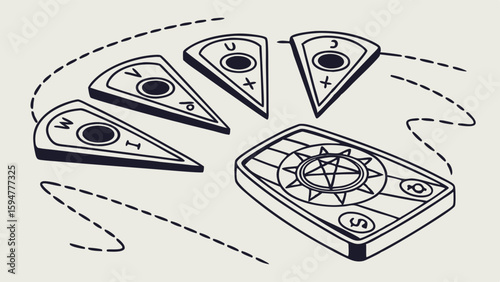 Black and white vector line art illustration of a mystical esoteric board game with a pentagram compass base and four triangular rune-like pieces in motion.