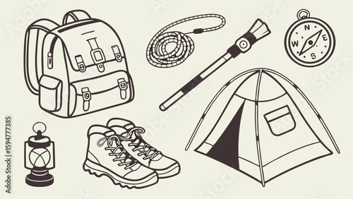 Black and white line art vector illustration of essential camping and hiking gear set backpack tent boots compass lantern rope staff for outdoor adventure travel