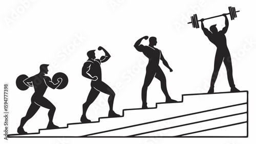 Dynamic black and white vector silhouette illustrating the fitness and bodybuilding progression of a man, from carrying weights to flexing and lifting a barbell overhead on stairs.